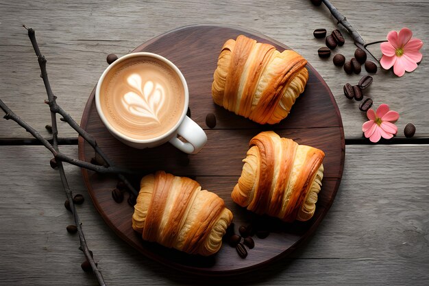 houten oppervlak met decoratieve twijgen koffie met croissant en bloemen