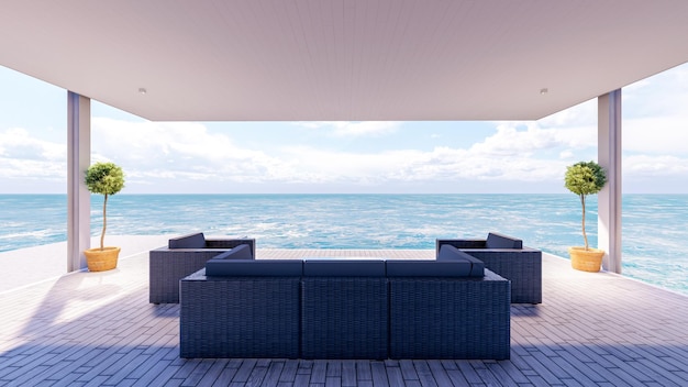 Houten overdekt balkonterras aan zee met bankmeubilair en prachtig uitzicht op zee