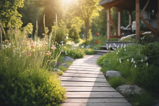 Houten pad in de tuin dat leidt naar cottage Generative AI