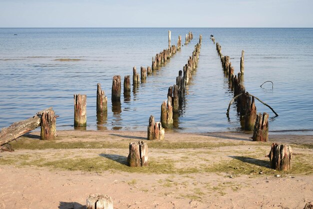 Foto houten palen op het strand tegen de lucht