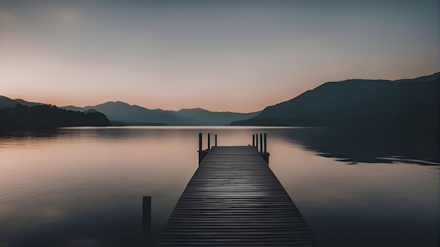 Foto houten pier aan het meer in de bergen bij zonsondergang lange blootstelling