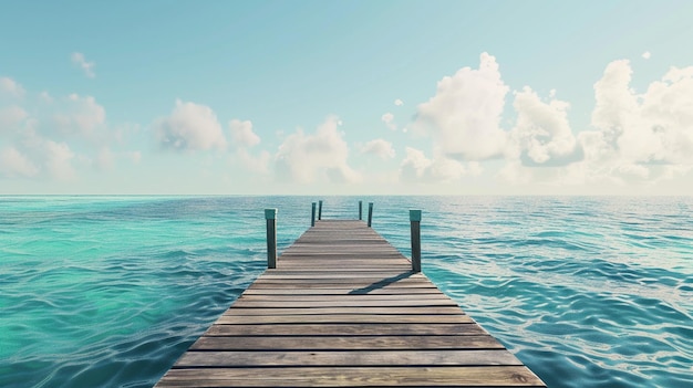 Foto houten pier die naar de turquoise wateren van de malediven leidt