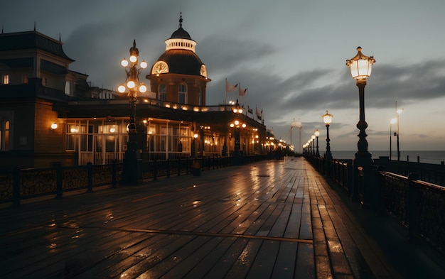 Houten pier en donkere wolken