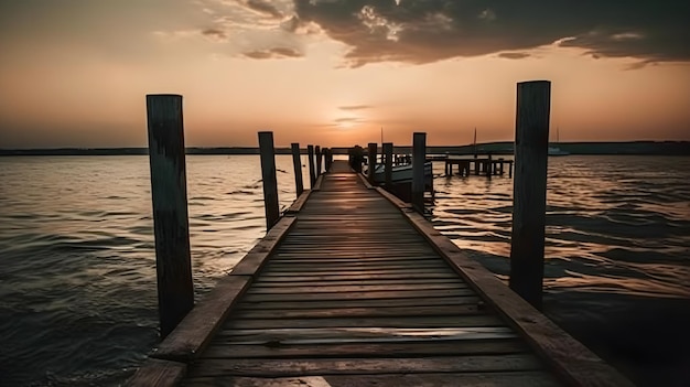 Foto houten pier jetty brug op het strand avond zonsondergang natuur uitzicht heldere lucht