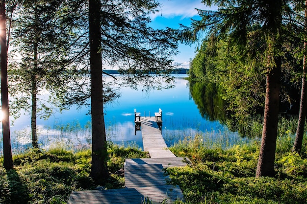 Houten pier met bankje voor rust op een blauw meer in de zomer Finland