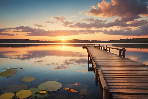 Houten pier op het meer bij een prachtige zonsondergang Natuurcompositie