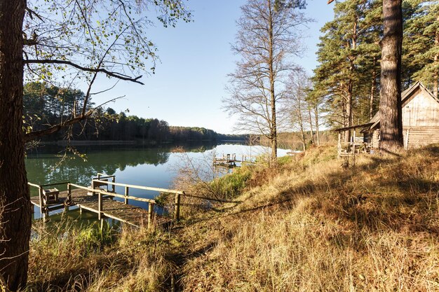 Foto houten pier op meer in herfstbos in de avond