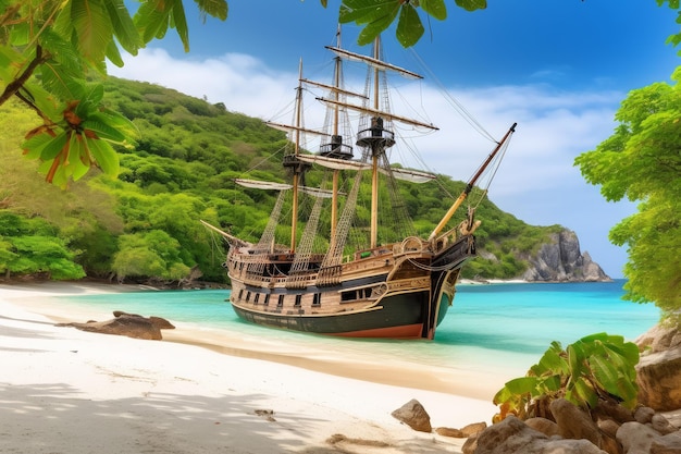 Houten piratenschip op het strand Genereer Ai