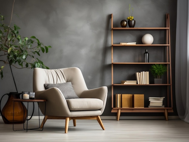 Houten plank en grijze fauteuil interieurontwerp van een moderne woonkamer