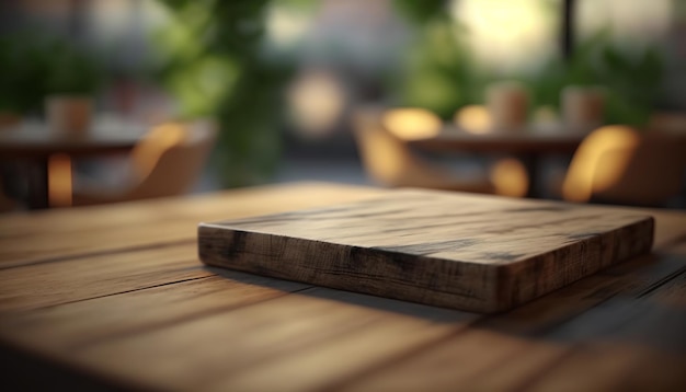 Houten plank en houten tafel, voor weergave van producten en merchandising. AI generatief.