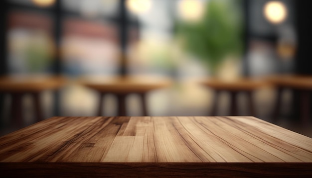 Houten plank en houten tafel, voor weergave van producten en merchandising. AI generatief.