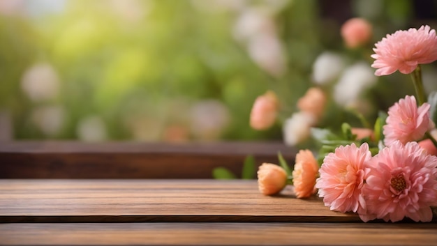 Houten plank leeg tafelblad op wazig bloem achtergrond