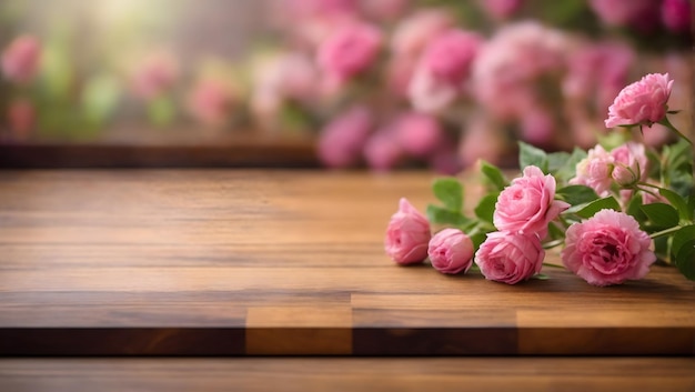 Houten plank leeg tafelblad op wazig bloem achtergrond