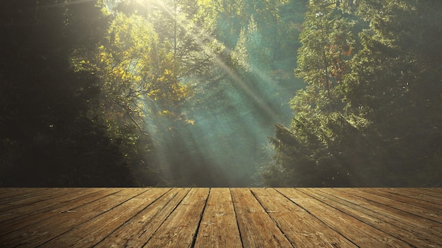 Houten plank lege tafel voor onscherpe achtergrond. Perspectief bruin hout over onduidelijk beeldbomen in f