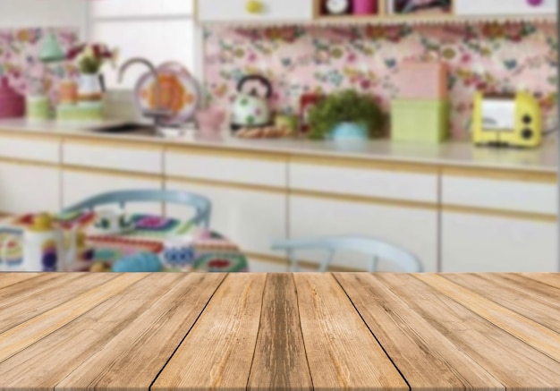 Houten plank lege tafel wazig achtergrond moderne keuken