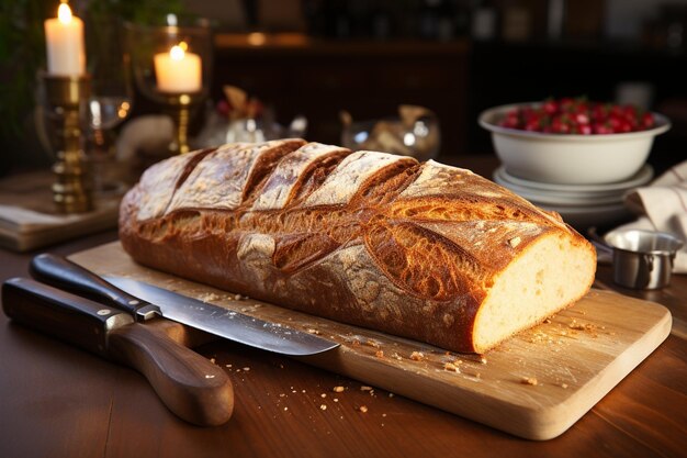 Houten plank met gesneden brood en mes op keukentafel