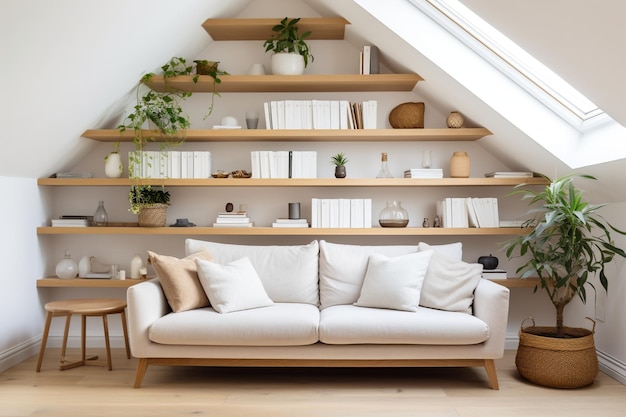 Houten plank op witte muur achter gezellige bank Scandinavische moderne stijlvolle woonkamer