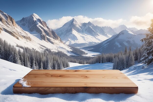 houten plank tegen een besneeuwd berglandschap voor een product met een winterthema