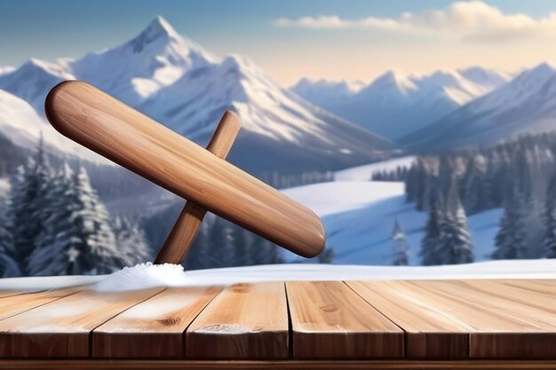 houten plank tegen een besneeuwd berglandschap voor een product met een winterthema