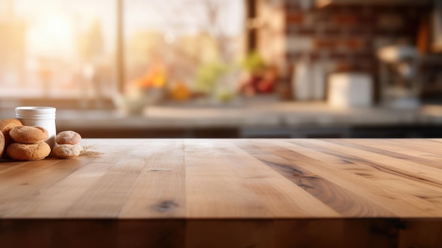 Houten plank voor uw product met een wazige achtergrond in de keuken