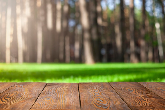 houten planken close-up tegen de achtergrond van een bos en een groene weide