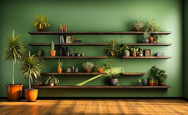 Houten planken met planten erop staan in een groene muur