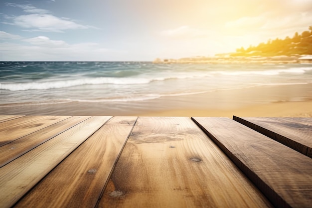 Houten planken op een strand met een zonsondergang op de achtergrond