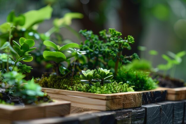 Houten plantenbakken vol groene planten