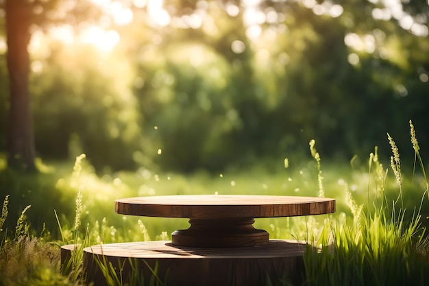 Houten platform in het gras op een zonnige zomerdag 3d rendering