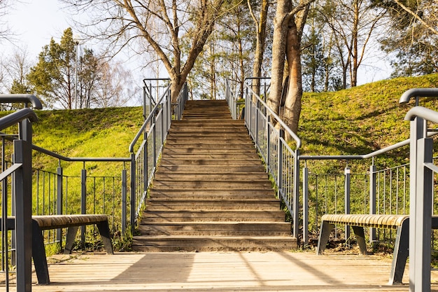 Houten platform met stalen leuningen in het stadspark