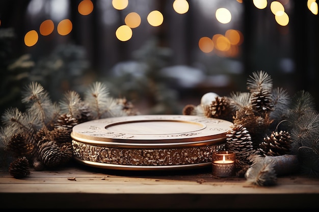 Houten podium in een bos met onscherpe kerstachtergrond