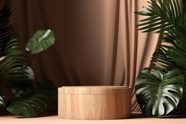 Houten podium met bladeren cosmetische schoonheid mockup Ai-afbeelding weergeven