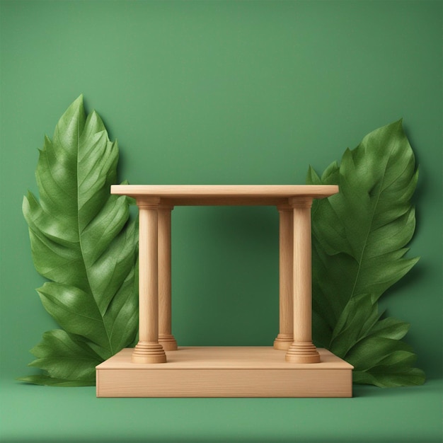 houten podium met groene achtergrond foto ai gegenereerd