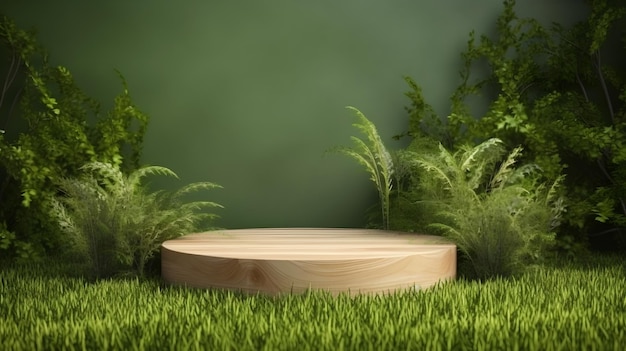 houten podium met groene en groene achtergrond