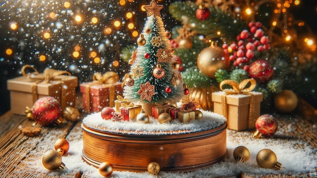 houten podium of stand nesteld in zachte glinsterende sneeuw vergezeld van een mini kerstboom