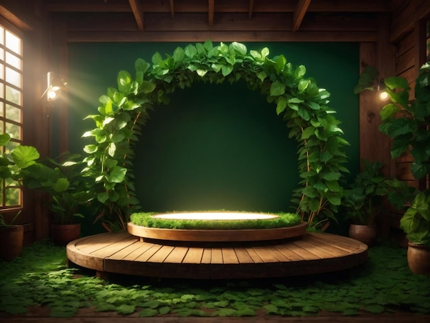 houten podium op groene achtergrond met bladeren 3d render podium ai gegenereerd