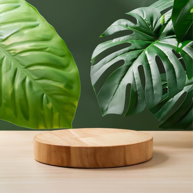 Houten podium op tafel groene monstera tropische plant met ruimte achtergrond promotie