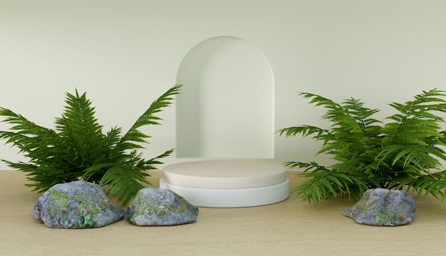 Houten podium podium mock-up ontwerp op heldere achtergrond met kleine plant voor productpresentatie