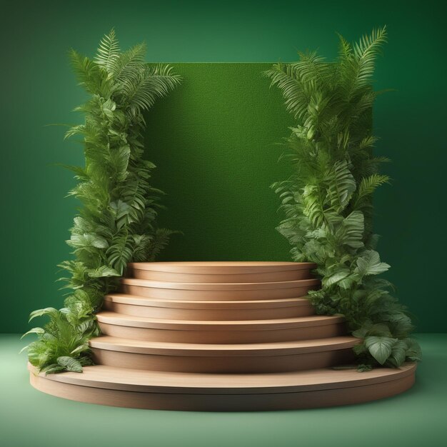 Foto houten podium staan voor productdisply op groene achtergrond met bladerenboom