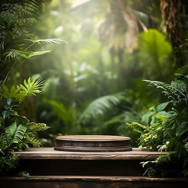 Houten podium tegen de achtergrond van een tropisch bos voor de presentatie van producten