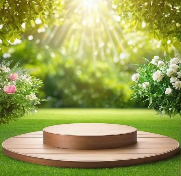 Houten podium voor producten met natuur Bokeh achtergrond