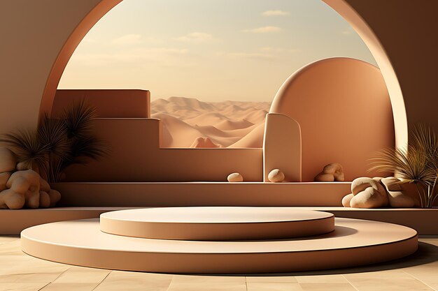 Houten podium voor productpresentatie in woestijn 3D-rendering