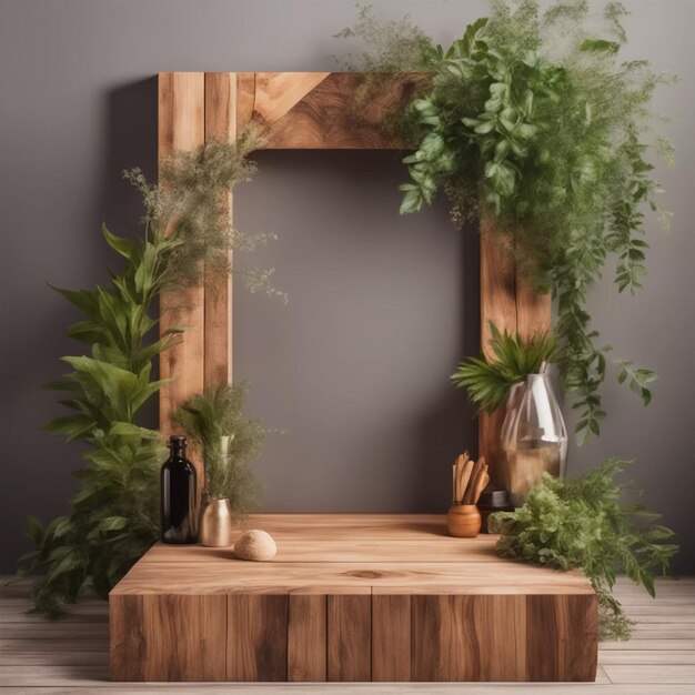 Foto houten podium voor productpresentatie plantaardige elementen plaats voor het product