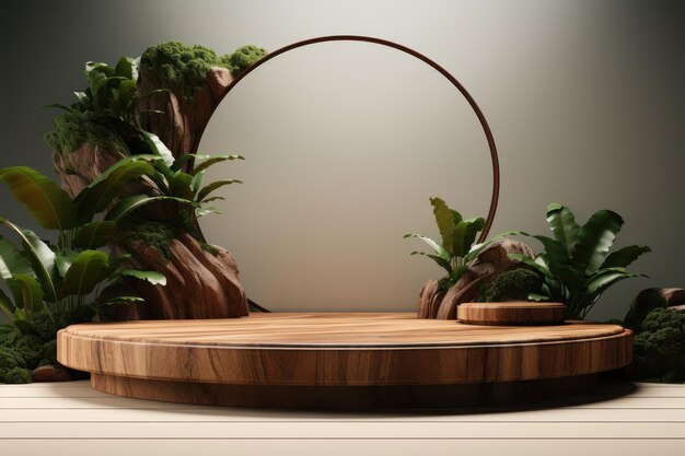 houten podium voor productshow mockup generatieve ai