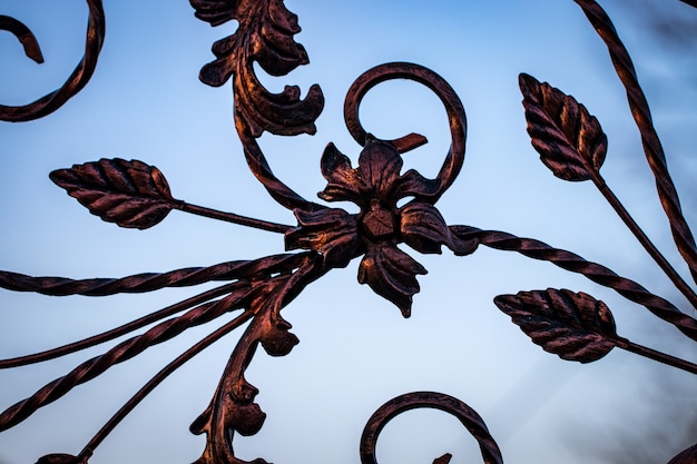 Foto houten poort met mooie smeedijzeren elementen bloemen.