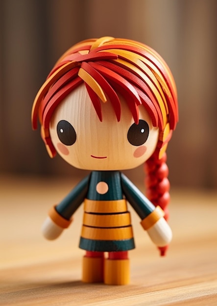 Houten pop met rood haar op een houten tafel close-up
