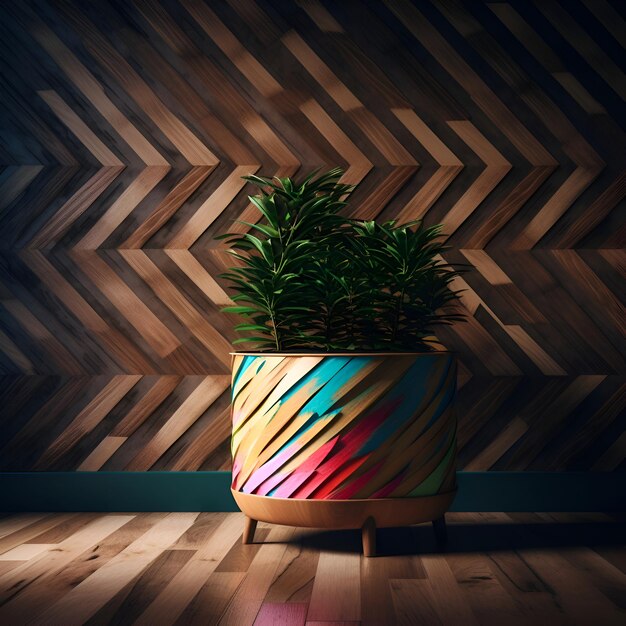 Houten pot met een plant op de achtergrond van een houten muur