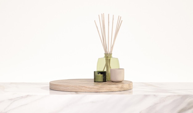 Houten product display podium met natuur laat cosmetische fles op witte achtergrond 3d render