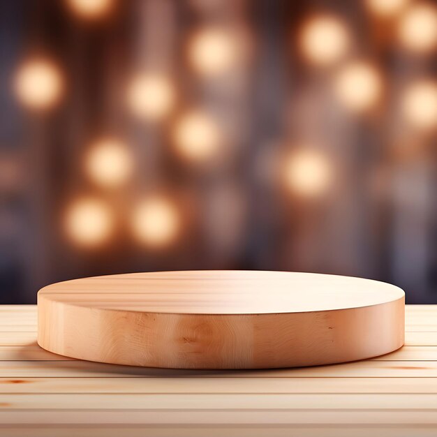 Houten productdisplay podium met wazige studio bokeh achtergrond