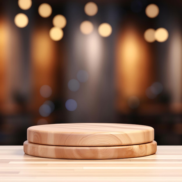 Houten productdisplay podium met wazige studio bokeh achtergrond